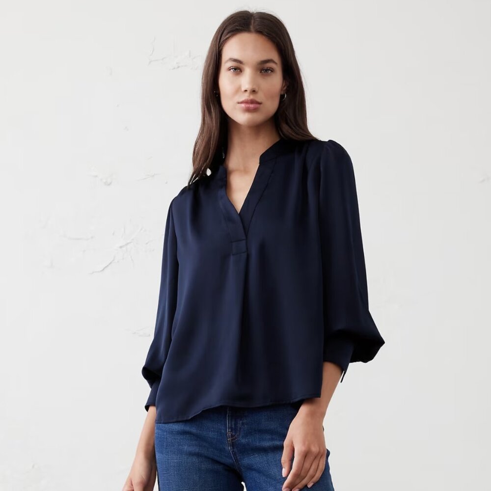 Banana Republic Crepe Volume-Sleeve Blouse in Navy